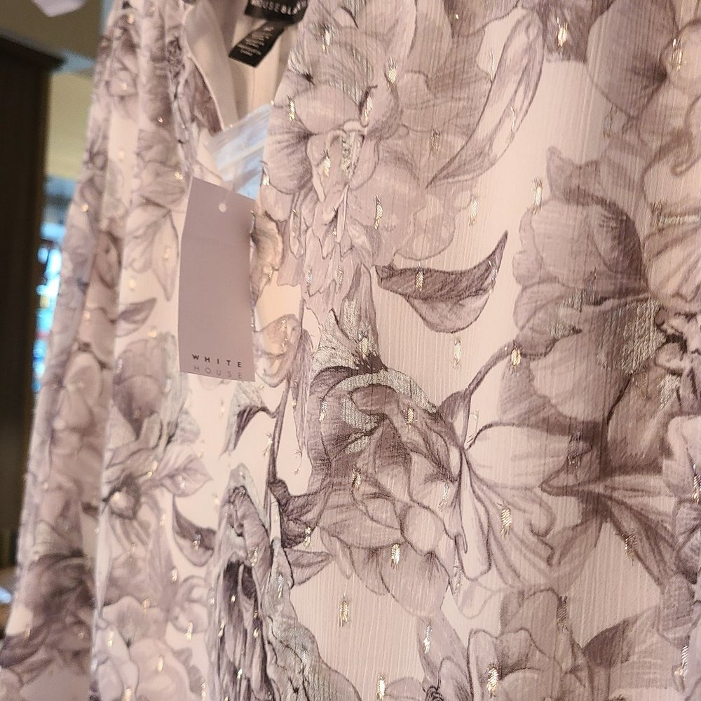 WHBM- NWT- White/Black Flower Print Long Sleeve Blouse with Silver flecks